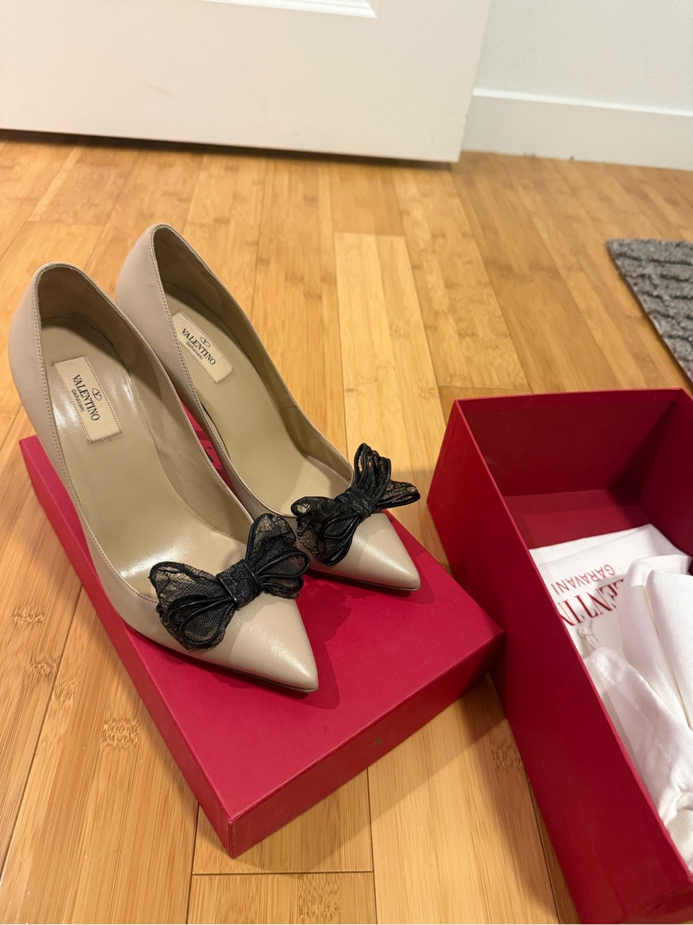 Valentino Beige Leather Pointed Toe Pumps with Black Bow